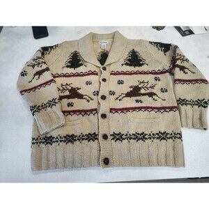 LL Bean Christmas Tree Reindeer Wool Cardigan Sweater Knot buttons Medium